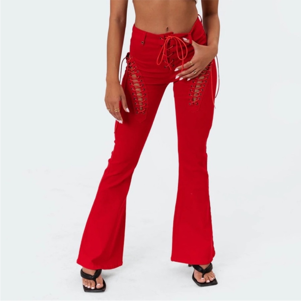 Edikted Red Lace-Up Flare Pants XS